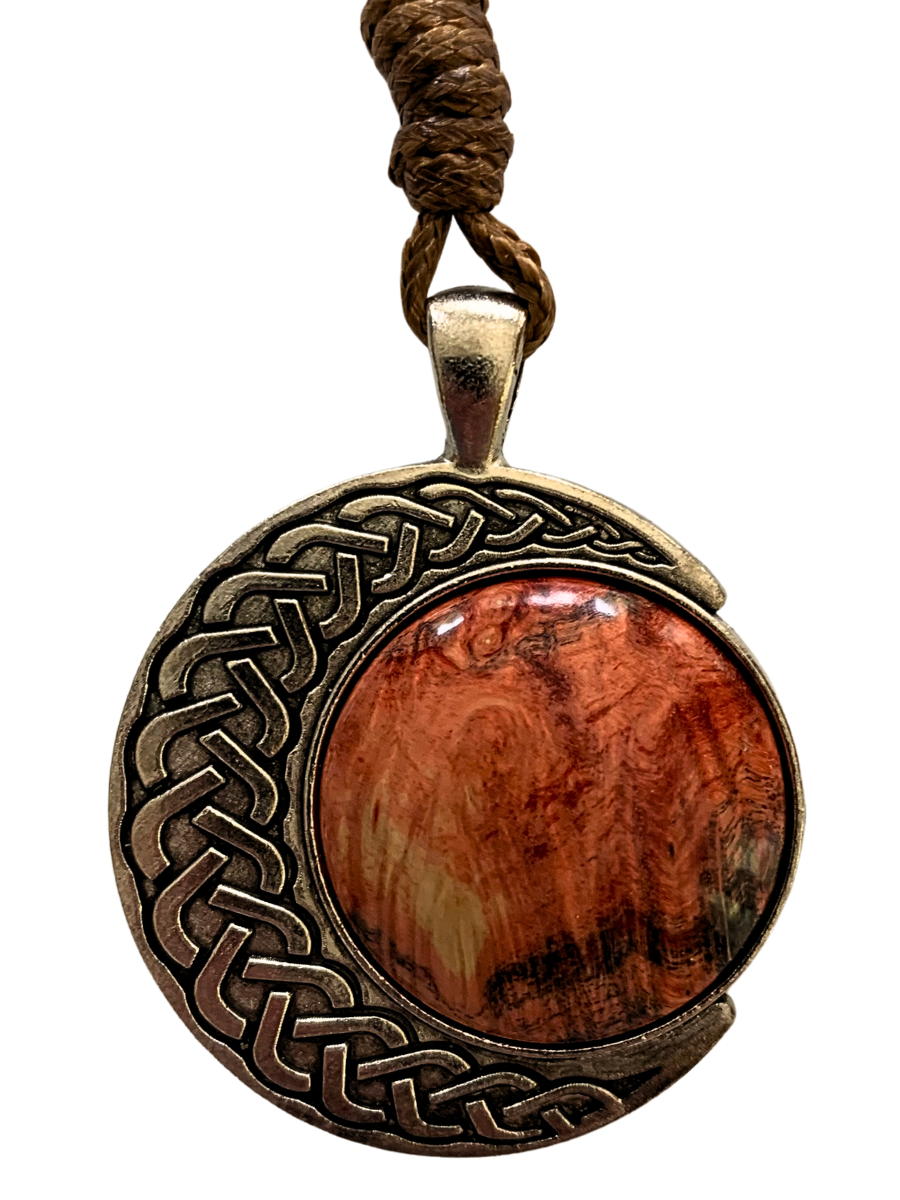 Pendant on Corded Necklace - Red Dyed Buckeye Burl